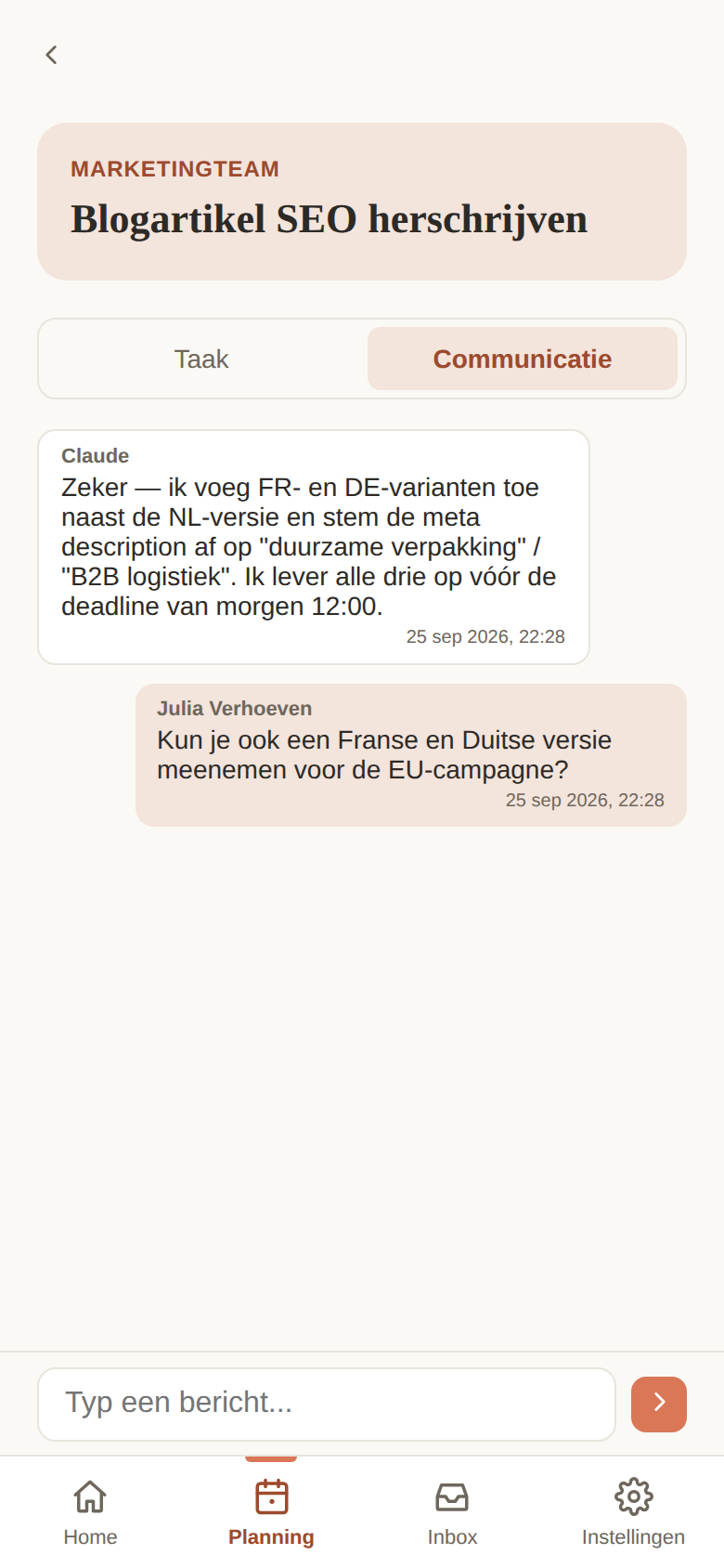 Chatgesprek tussen Julia en Claude op een taak